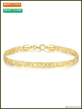 14K Gold Plated Flat Figaro Chain Bracelet Unisex Lobster Claw